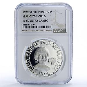 Philippines 50 piso UNICEF Save Children Child Year PF69 NGC silver coin 1979