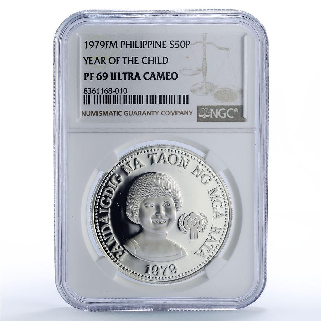 Philippines 50 piso UNICEF Save Children Child Year PF69 NGC silver coin 1979