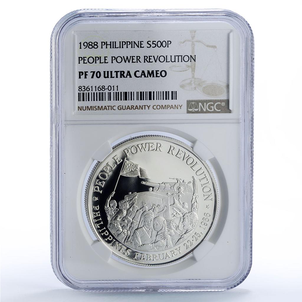 Philippines 500 piso People Power Revolution Tank PF70 NGC silver coin 1988
