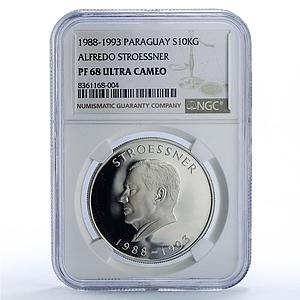 Paraguay 10000 guaranies Stroessner 8th Term Politics PF68 NGC silver coin 1988