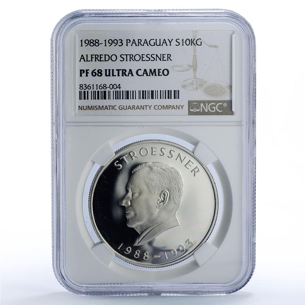 Paraguay 10000 guaranies Stroessner 8th Term Politics PF68 NGC silver coin 1988