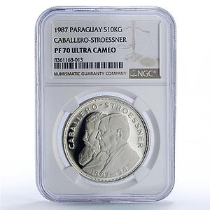 Paraguay 10000 guaranies Caballero Stroessner Politics PF70 NGC silver coin 1987