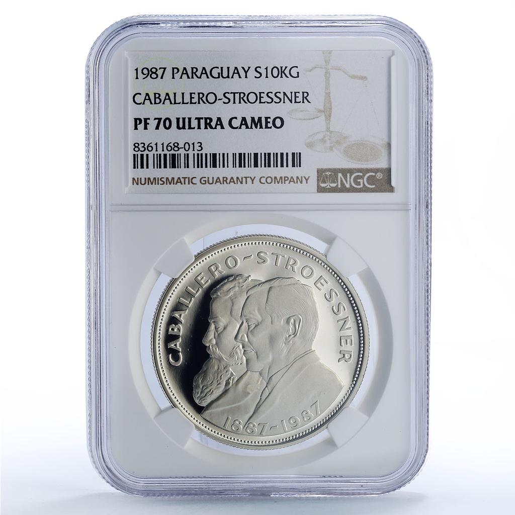 Paraguay 10000 guaranies Caballero Stroessner Politics PF70 NGC silver coin 1987