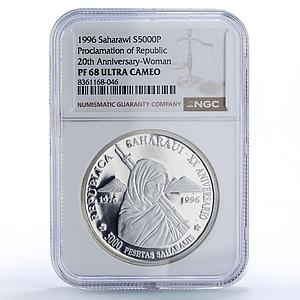 Saharawi 5000 pesetas Proclamation Woman with Rifle PF68 NGC silver coin 1996