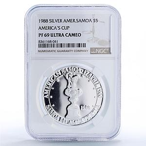 American Samoa 5 dollars America Cup Yachting Ship PF69 NGC silver coin 1988