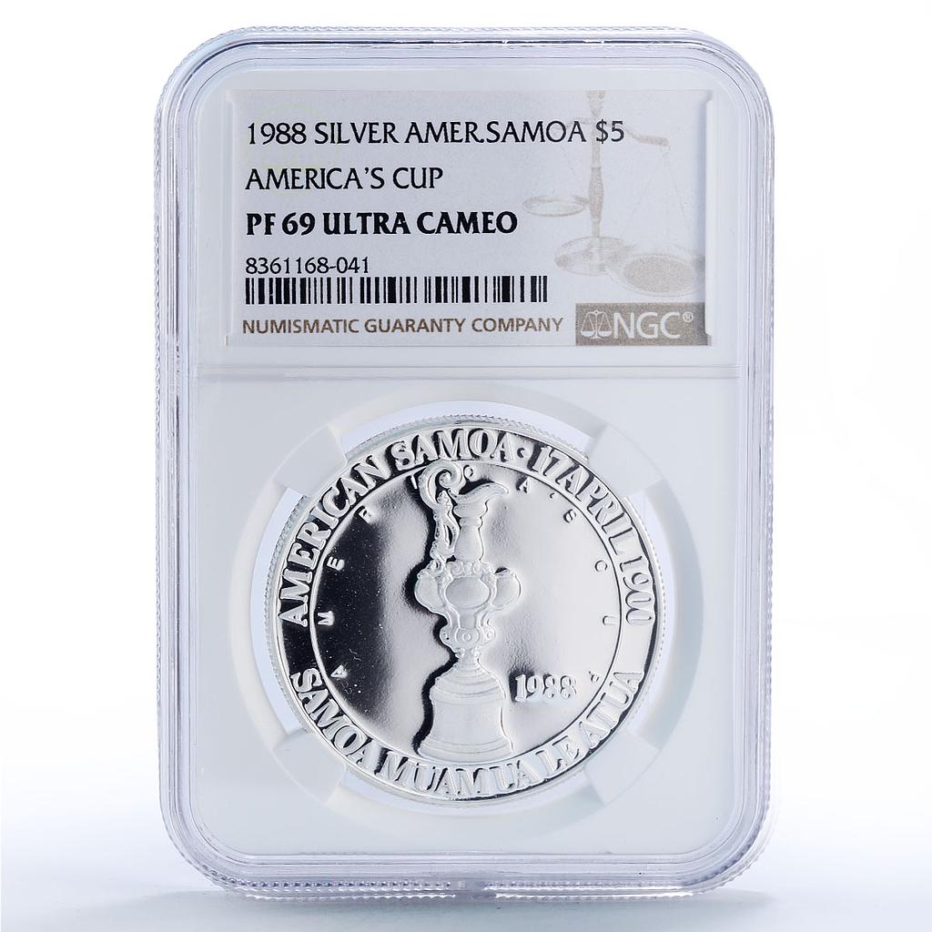 American Samoa 5 dollars America Cup Yachting Ship PF69 NGC silver coin 1988