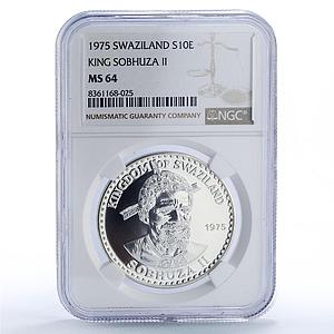Swaziland 10 emalangeni Sobhuza II Birth Heron Bird MS64 NGC silver coin 1975