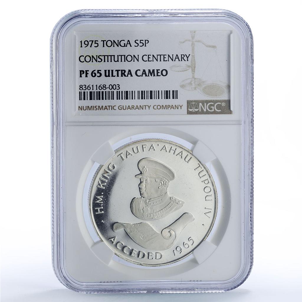 Tonga 5 paanga Constitution Tupou IV History Politics PF65 NGC silver coin 1975