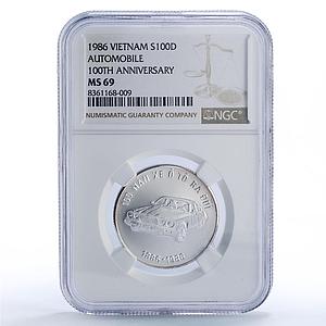 Vietnam 100 dong Jaguar Auto Cars Automobiles MS69 NGC silver coin 1986