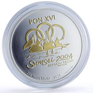 Bhutan 250 ngultrum Indonesian Games Palembang Logo Gilt proof silver coin 2004