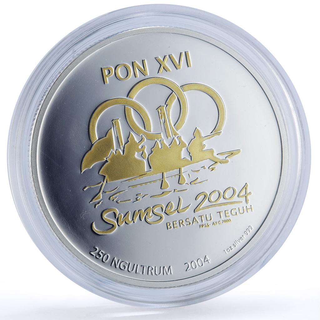 Bhutan 250 ngultrum Indonesian Games Palembang Logo Gilt proof silver coin 2004