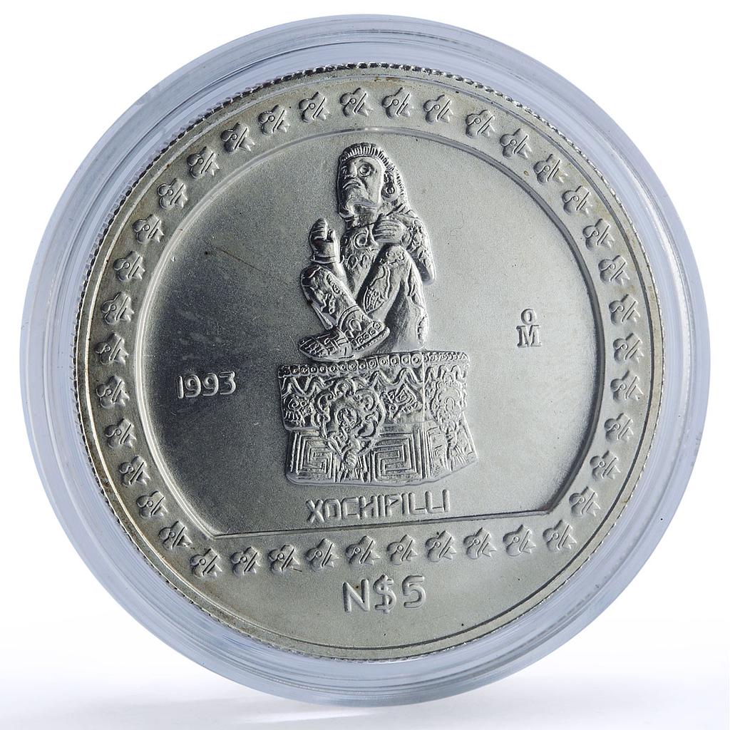 Mexico 5 pesos Xochipilli Precolombina Aztec silver coin 1993