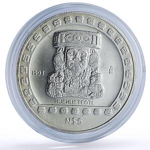 Mexico 5 pesos Huehueteotl Precolombina Aztec silver coin 1993