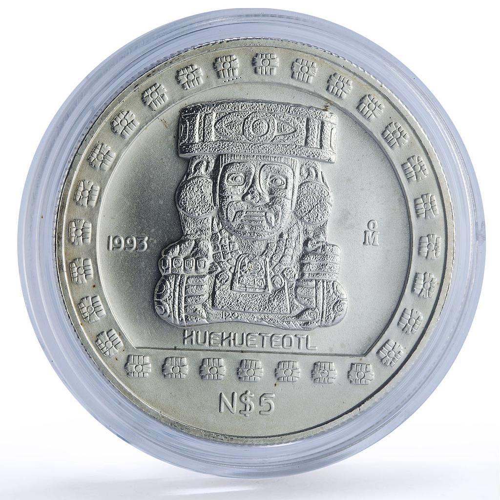 Mexico 5 pesos Huehueteotl Precolombina Aztec silver coin 1993