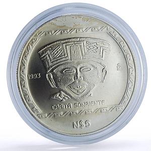 Mexico 5 pesos Carita Sonriente Precolombina Veracruz silver coin 1993