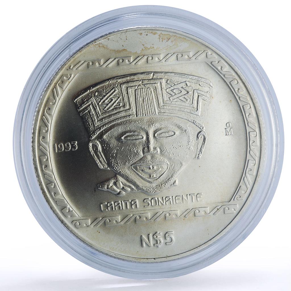 Mexico 5 pesos Carita Sonriente Precolombina Veracruz silver coin 1993