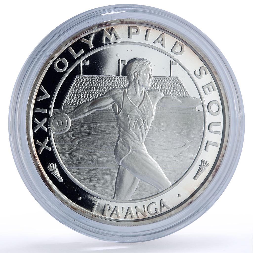 Tonga 1 paanga Discus Throw Seoul Olympic Games Sports proof silver coin 1988