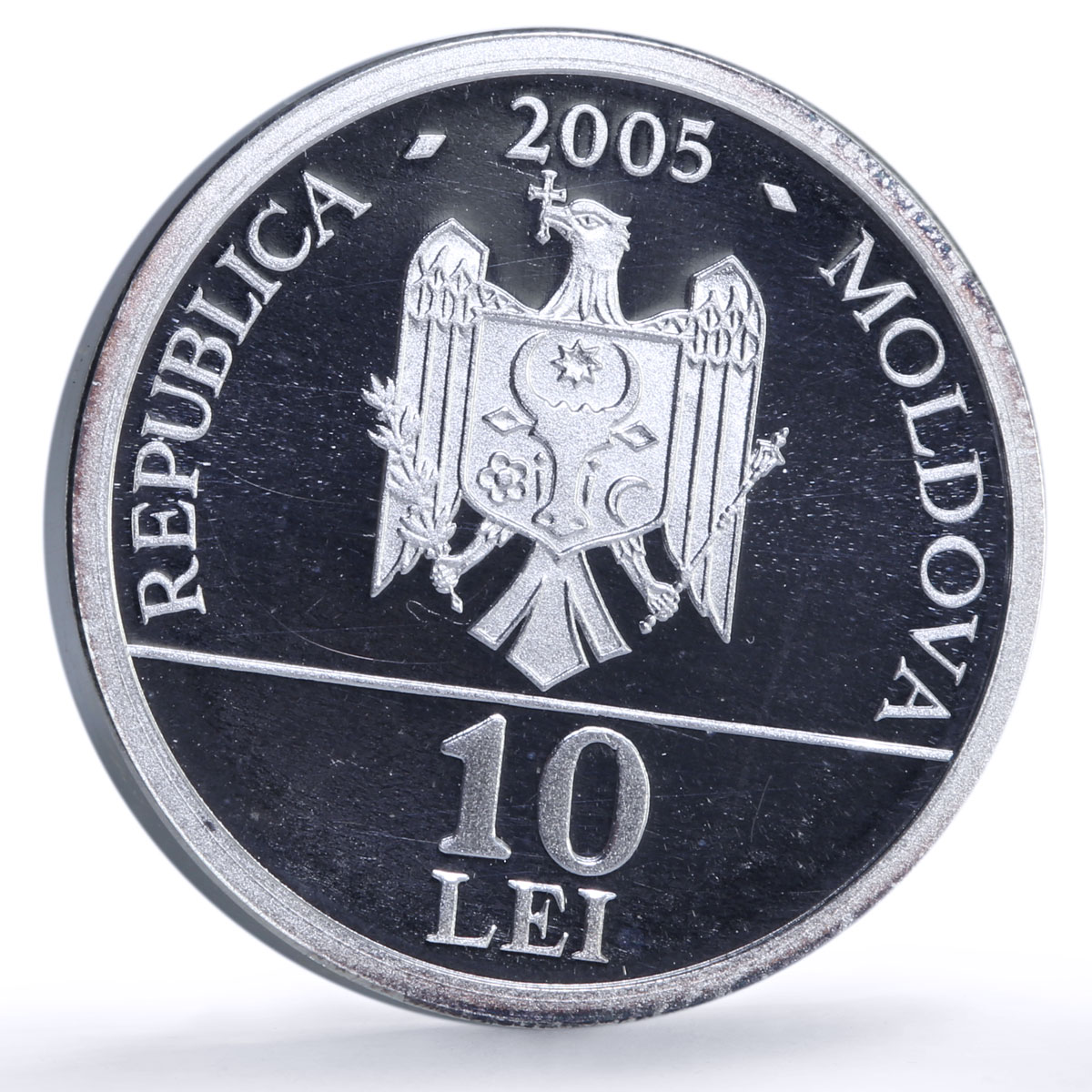 Moldova 10 lei Imperial Eagle Red Book Wildlife Bird Fauna silver coin 2005