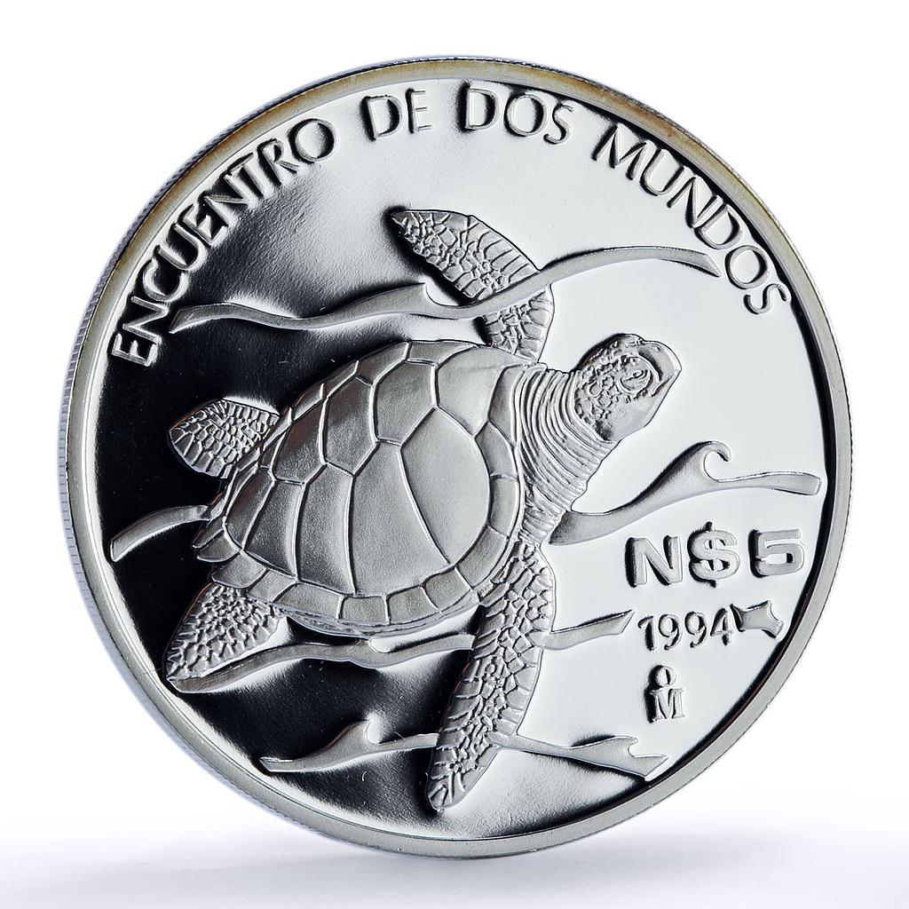 Mexico 5 pesos Sea Turtle Wildlife Ibero-American Fauna proof silver coin 1994