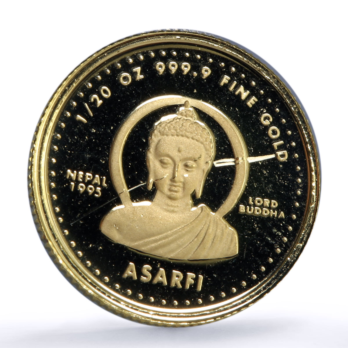 Nepal 1/20 oz asarfi Lord Buddha Buddhism Religion proof gold coin 1995