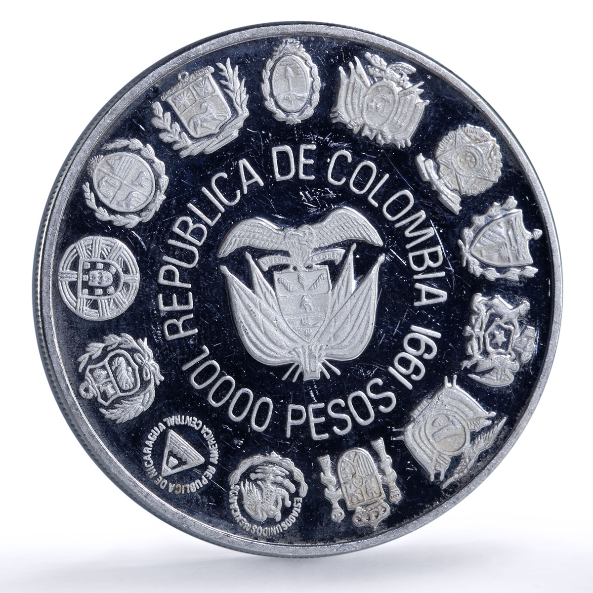 Colombia 10000 pesos Santa Fe Bogota Mint Ibero-American proof silver coin 1991