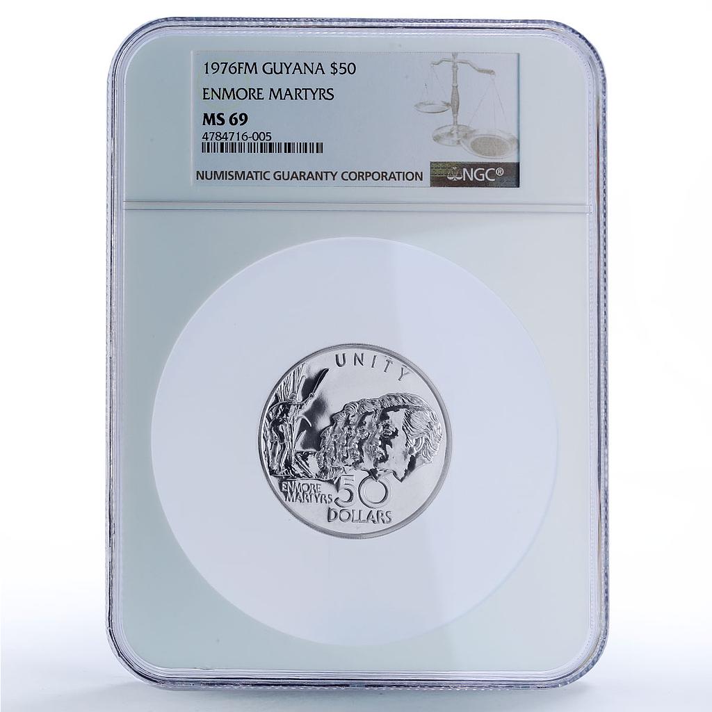 Guyana 50 dollars Independence Enmore Martyrs History MS69 NGC silver coin 1976