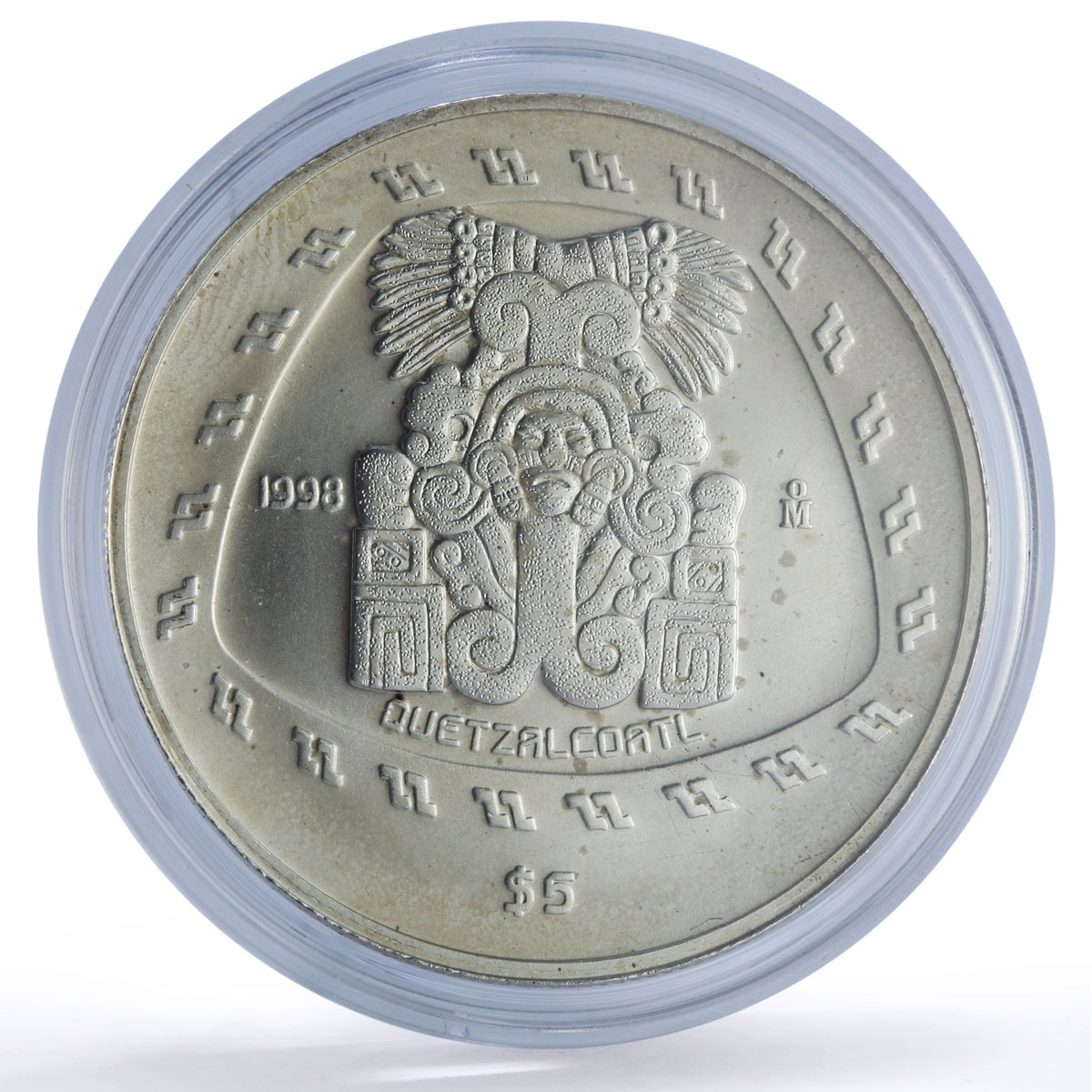 Mexico 5 pesos Quetzalcoatl Precolombina Toltec silver coin 1998