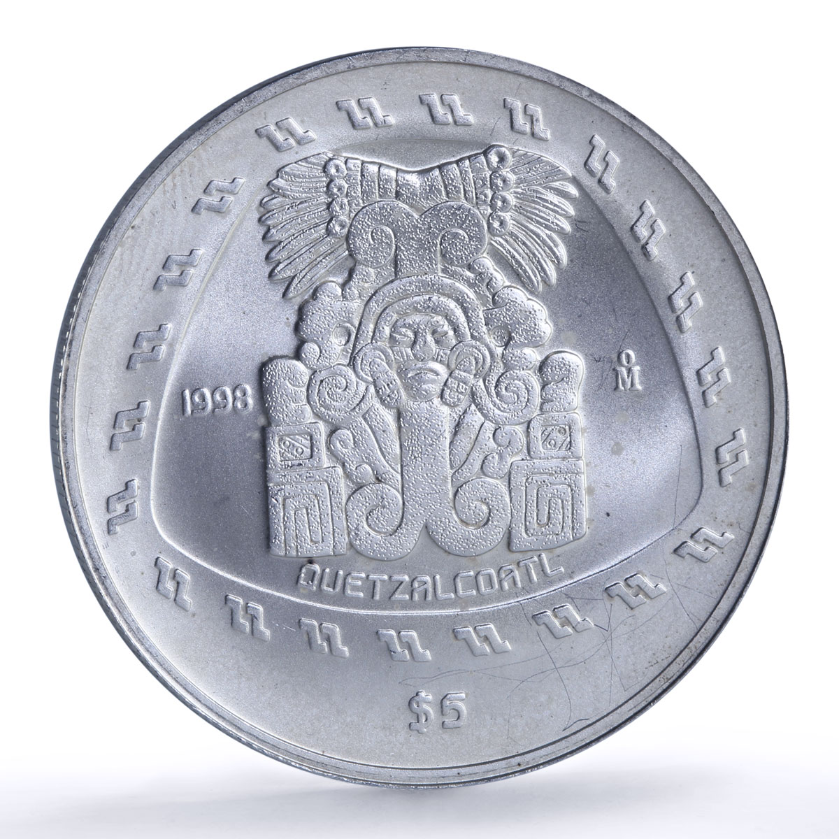 Mexico 5 pesos Quetzalcoatl Precolombina Toltec silver coin 1998