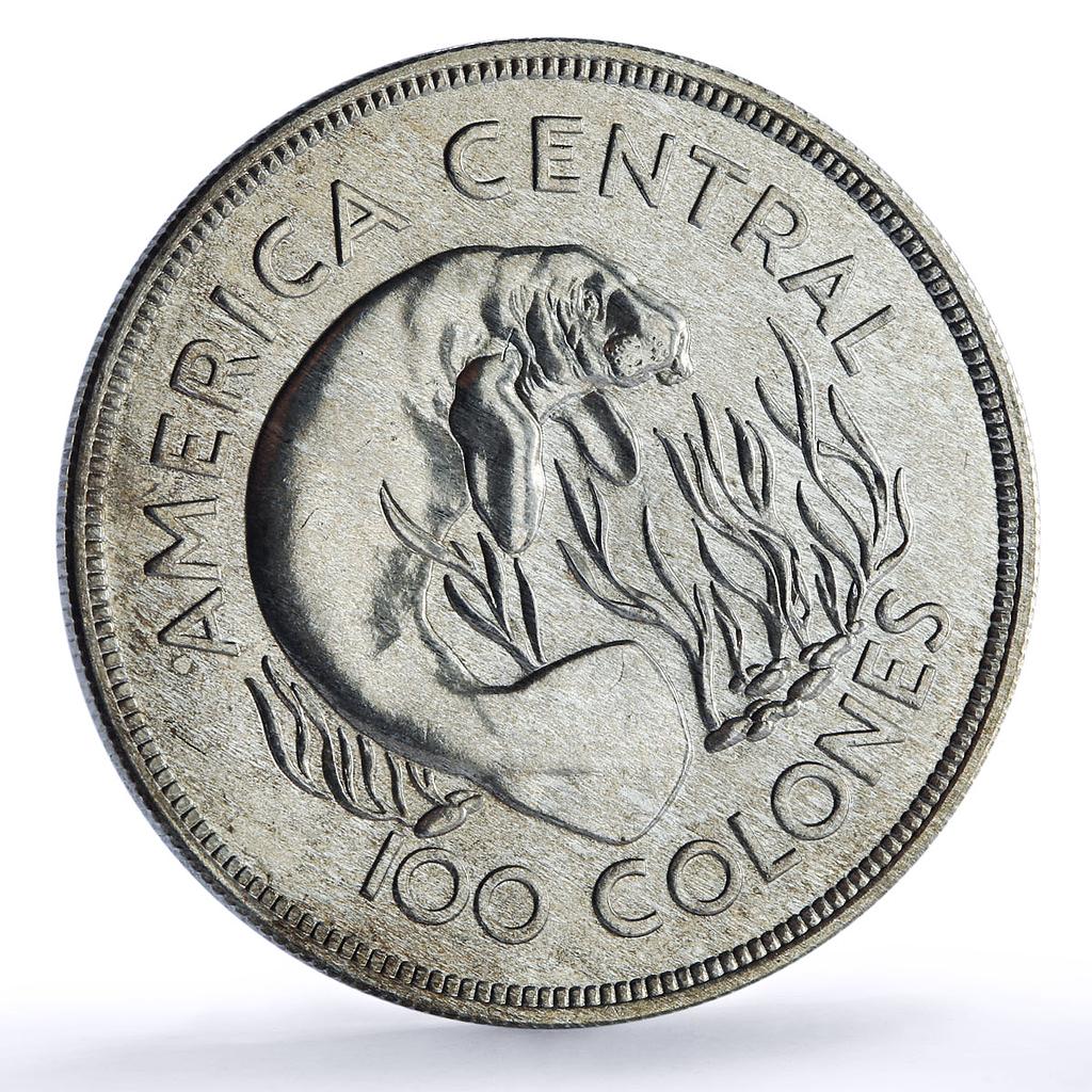 Costa Rica 100 colones Manatee Conservation Wildlife Fauna silver coin 1974