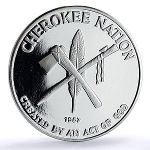 USA Cherokee Nation 50 Eagles Indian Tomahawk Peace Pipe proof silver medal 1980