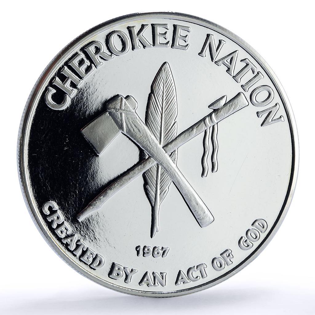 USA Cherokee Nation 50 Eagles Indian Tomahawk Peace Pipe proof silver medal 1980
