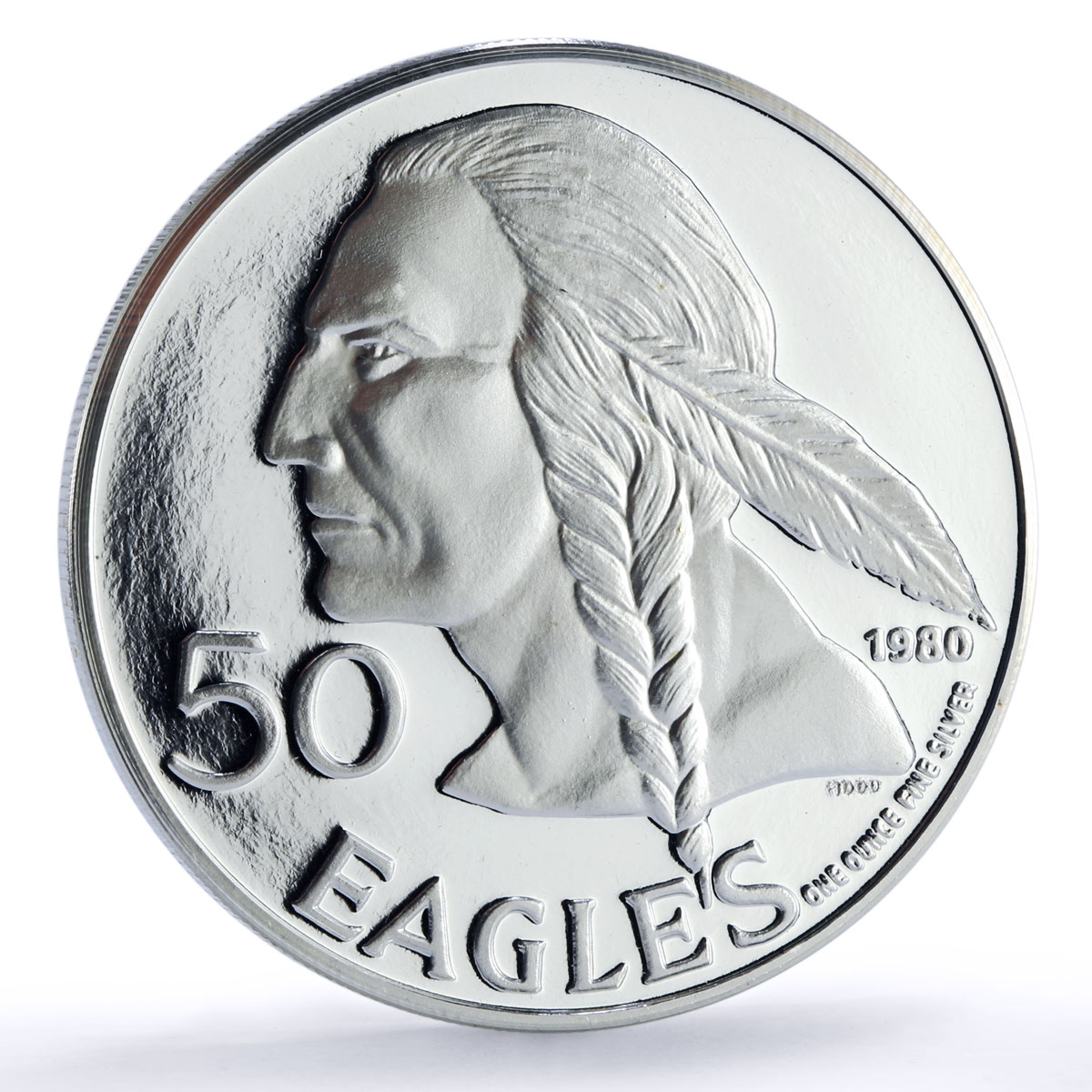 USA Cherokee Nation 50 Eagles Indian Tomahawk Peace Pipe proof silver medal 1980