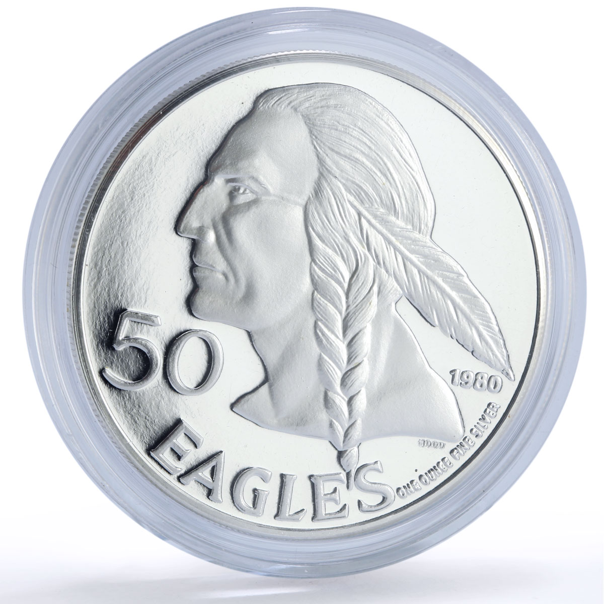 USA Cherokee Nation 50 Eagles Indian Tomahawk Peace Pipe proof silver medal 1980