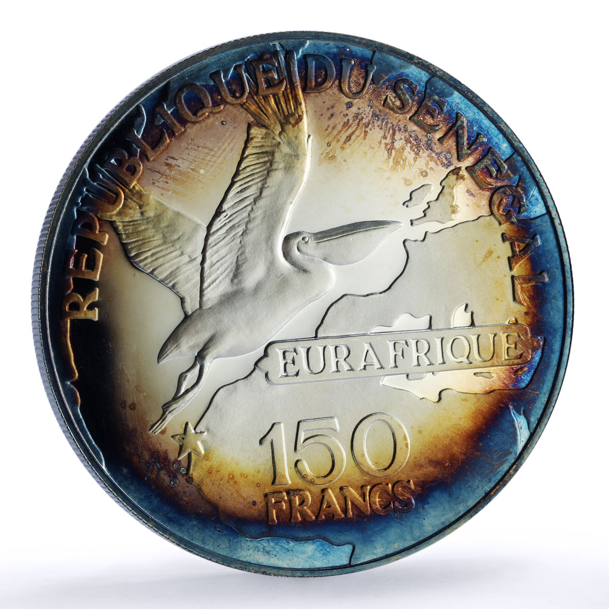 Senegal 150 francs Eurafrique Program Senghor Bird proof silver coin 1975