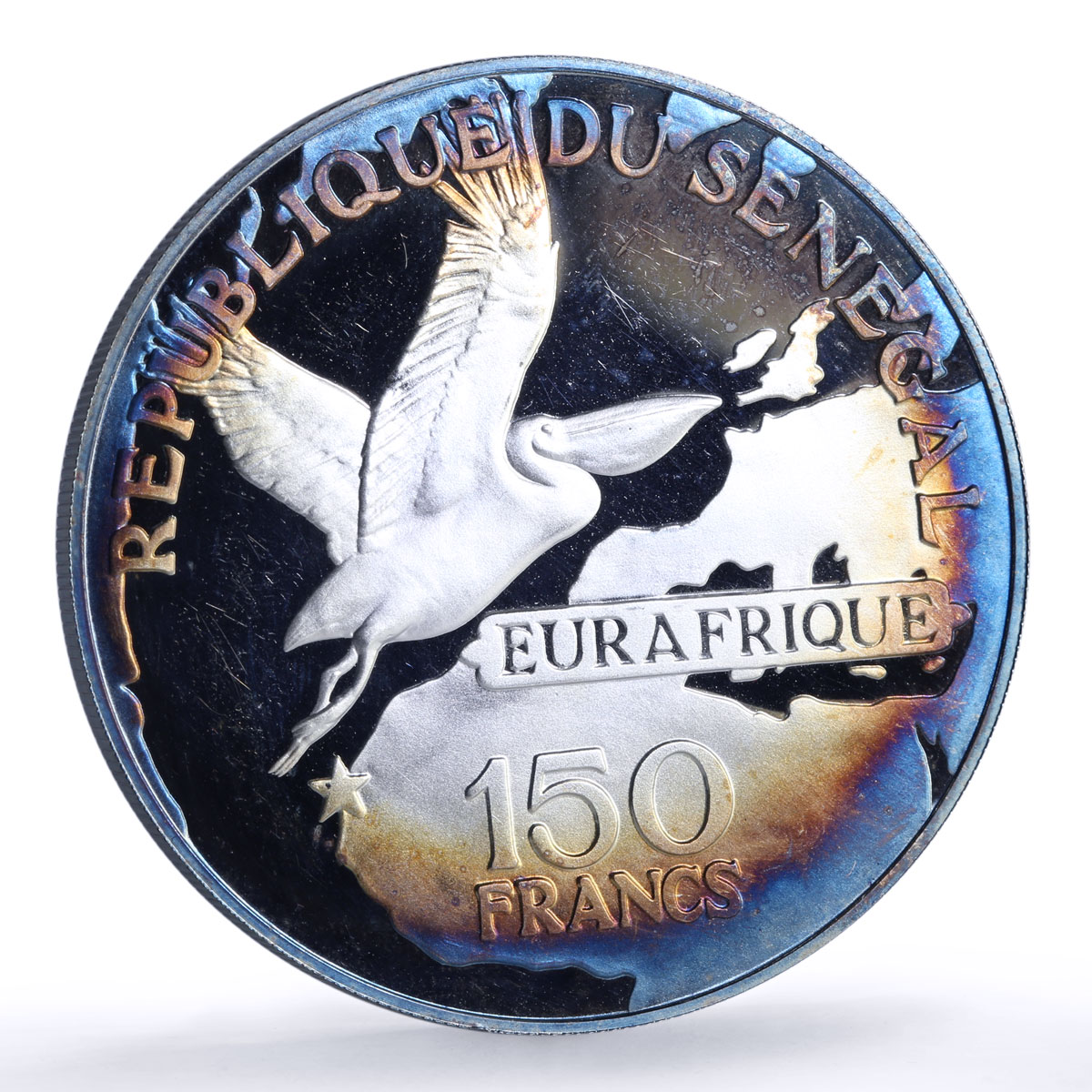 Senegal 150 francs Eurafrique Program Senghor Bird proof silver coin 1975
