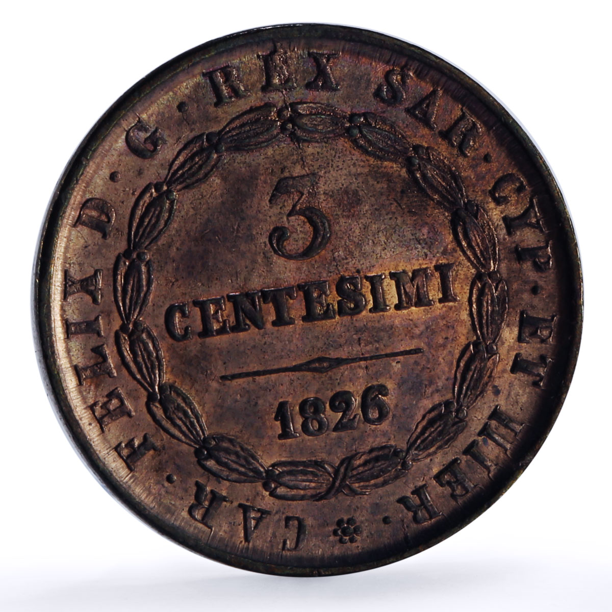 Italy Sardinia 3 centesimi Carlo Felice Car Felix L Mark KM-126 copper coin 1826
