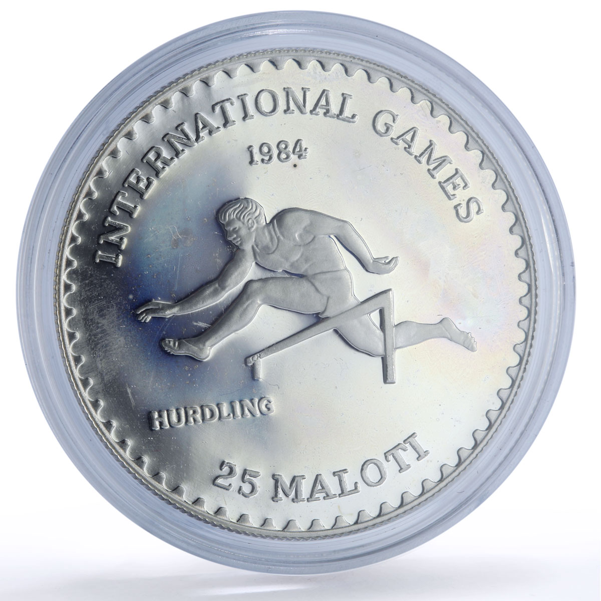 Lesotho 25 maloti Hurdling International Games Rainbow Toned silver coin 1984