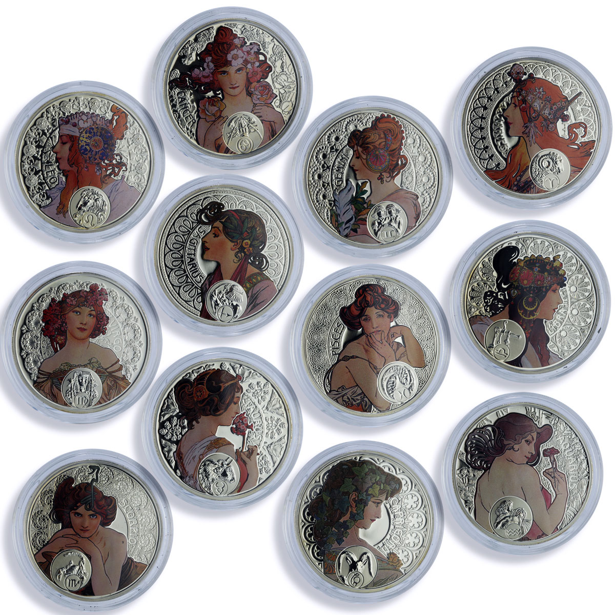 Niue 1 dollar x 12 Zodiac Signs Mucha Art Color proof silver coins 2010 - 2011