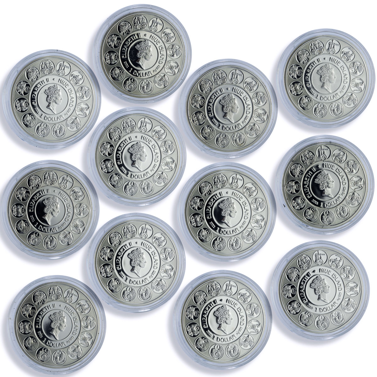 Niue 1 dollar x 12 Zodiac Signs Mucha Art Color proof silver coins 2010 - 2011