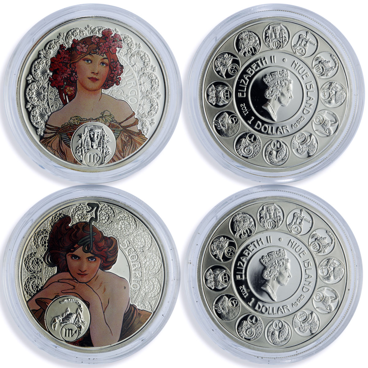 Niue 1 dollar x 12 Zodiac Signs Mucha Art Color proof silver coins 2010 - 2011