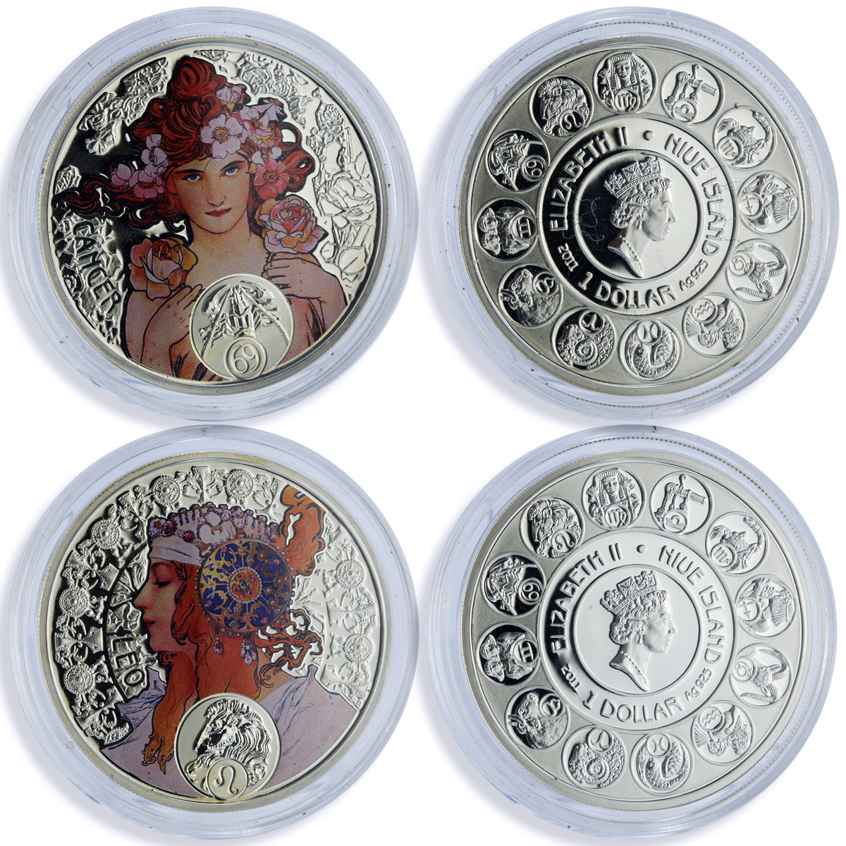 Niue 1 dollar x 12 Zodiac Signs Mucha Art Color proof silver coins 2010 - 2011