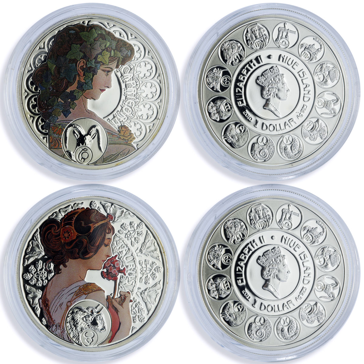 Niue 1 dollar x 12 Zodiac Signs Mucha Art Color proof silver coins 2010 - 2011