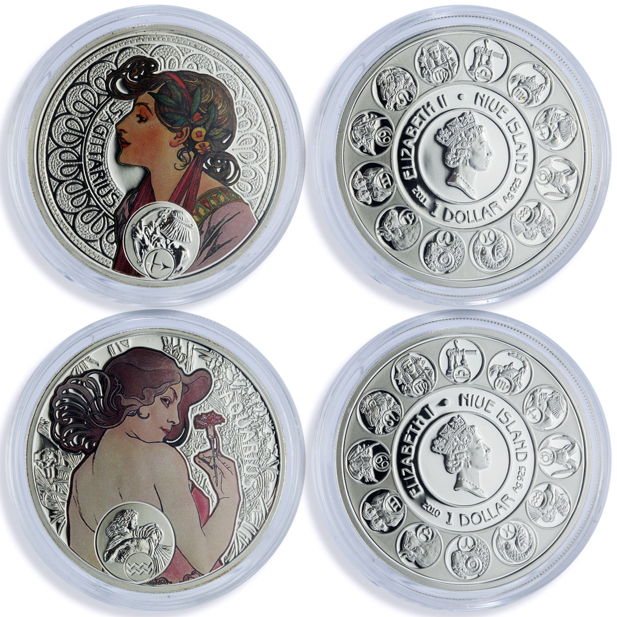 Niue 1 dollar x 12 Zodiac Signs Mucha Art Color proof silver coins 2010 - 2011