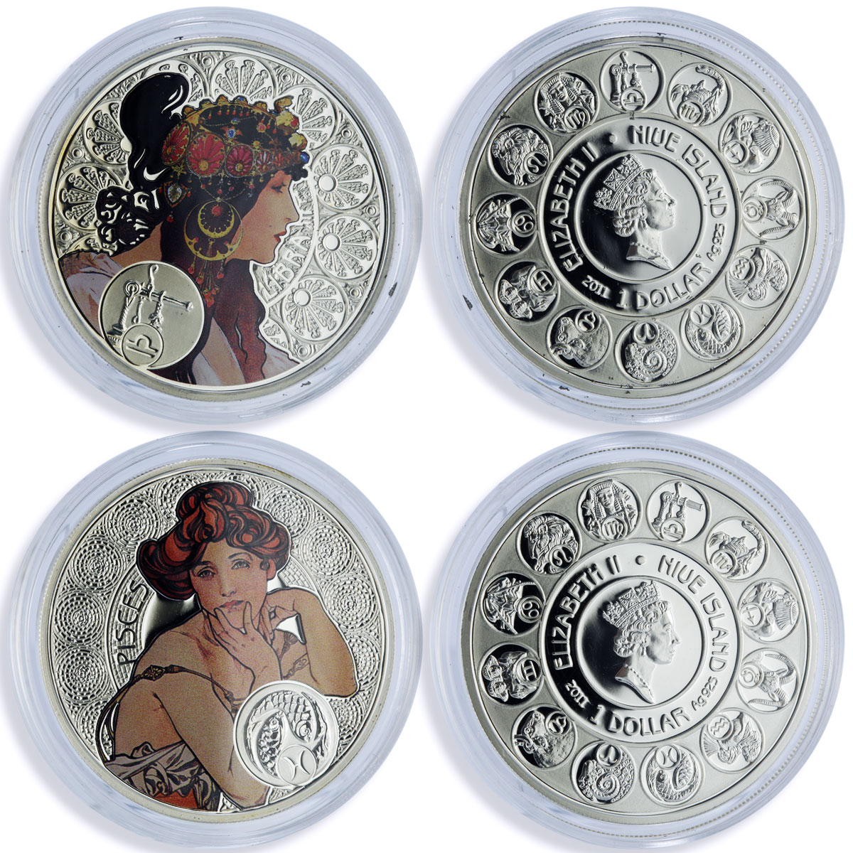 Niue 1 dollar x 12 Zodiac Signs Mucha Art Color proof silver coins 2010 - 2011