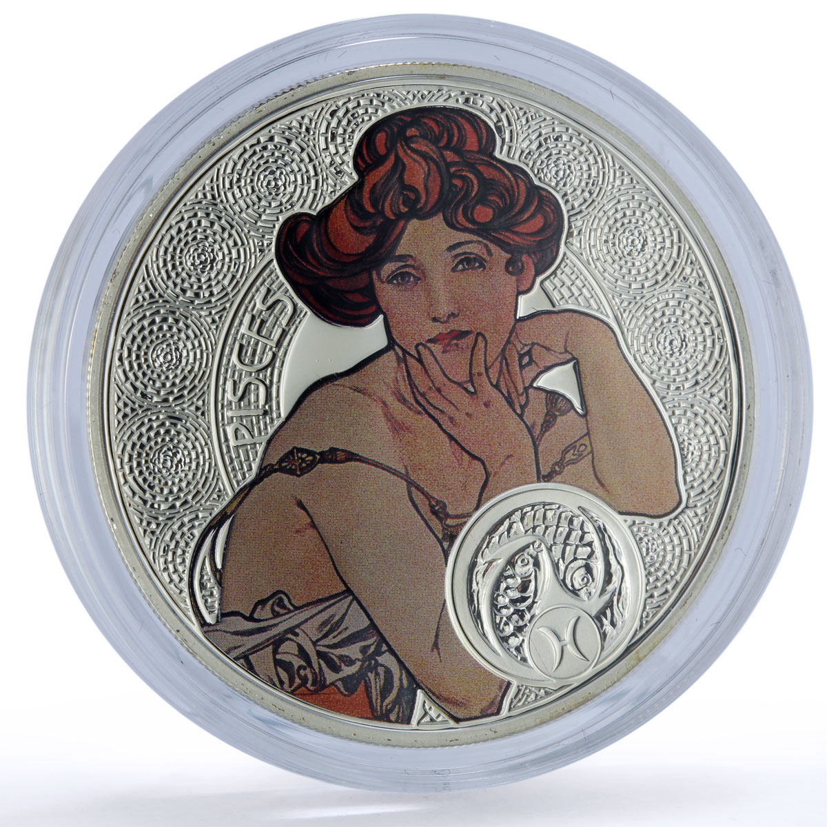 Niue 1 dollar Pisces Zodiac Signs Mucha Art Color proof silver coin 2011