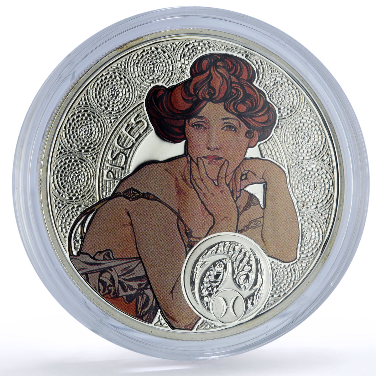 Niue 1 dollar Pisces Zodiac Signs Mucha Art Color proof silver coin 2011