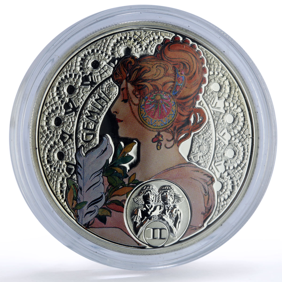 Niue 1 dollar Gemini Zodiac Signs Mucha Art Color proof silver coin 2011