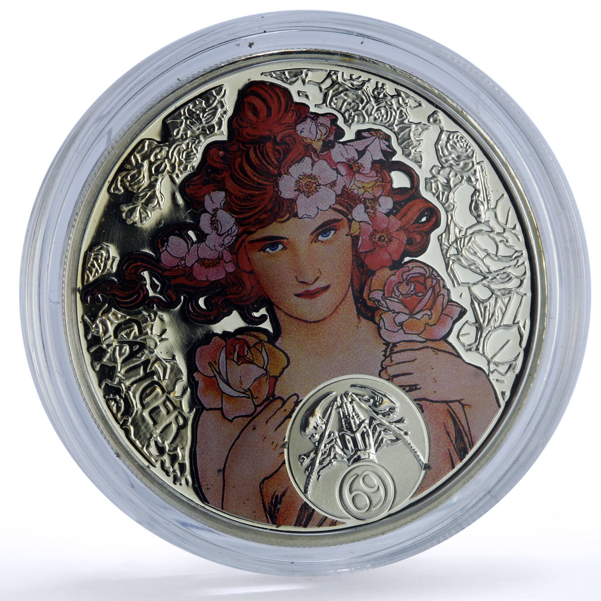 Niue 1 dollar Cancer Zodiac Signs Mucha Art Color proof silver coin 2011