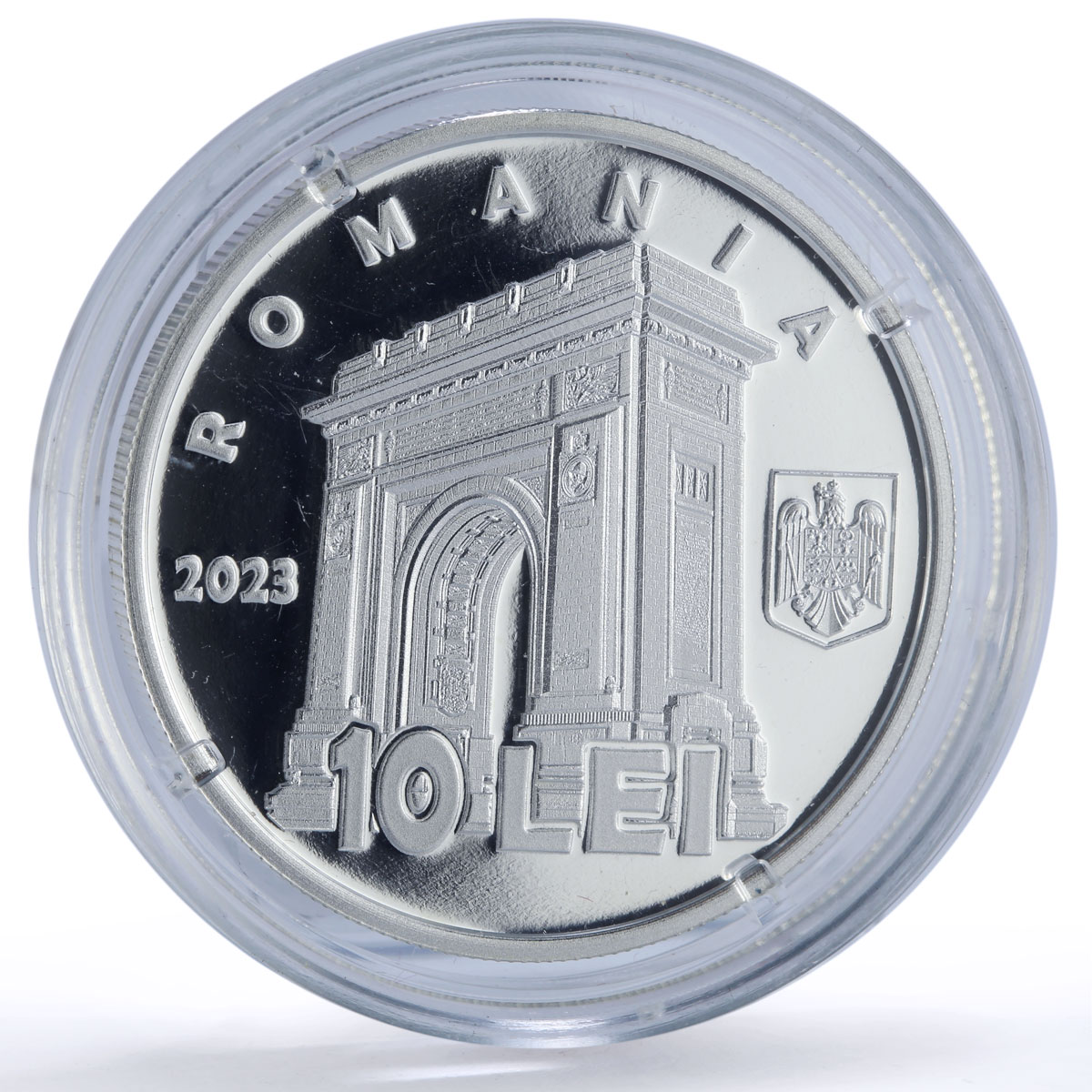 Romania 10 lei Petre Antonescu Triumphal Arch History proof silver coin 2023