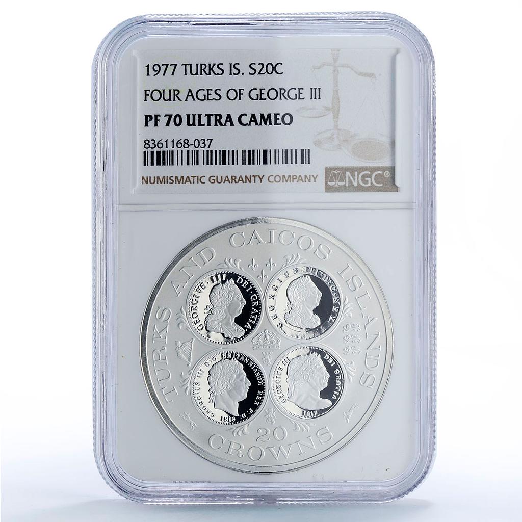 Turks and Caicos Islands 20 crowns King George III PF70 NGC silver coin 1977